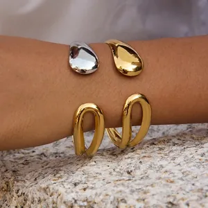 Minimalist Stainless Steel Cuff Bracelet For Women Teardrop Geometric Open Bangle High Polish Gold Silver Plated Waterproof Jewelry Gift