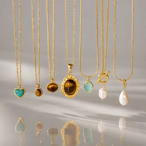 Collana con Pendente in Acciaio Inossidabile Vintage con Occhio di Tigre e Perla Artificial per Donna Oro Impermeabile