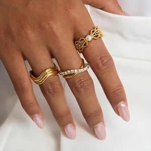 Luxury Stainless Steel Ring Zirconia And Faux Artificial Pearl Vintage Geometric Open Adjustable Ring For Women Jewelry Gift