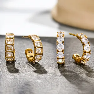 Stainless Steel Rhinestone C Shaped Hoop Earrings For Women Luxury Gold Plated Geometric Fashion Jewelry Ear Studs Gift