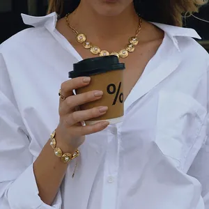 Vintage Stainless Steel Gold Plated Spiral Textured Round Disc Faux Artificial Pearl Necklace And Bracelet Jewelry Set For Women
