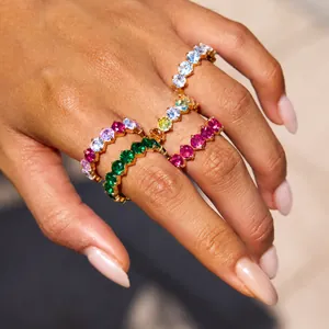 Stainless Steel Colorful Zirconia Eternity Ring For Women Luxury Gold Plated Geometric Inlaid Stackable Finger Ring Jewelry Gift