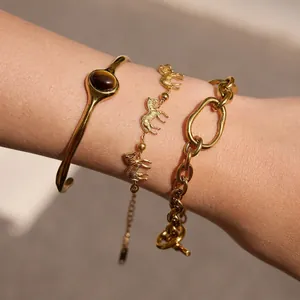 18K Gold Plated Stainless Steel Bracelet Set For Women Zebra Pendant Tiger Eye Stone Cuff Bangle Chunky Link Chain Jewelry