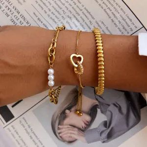 Stainless Steel 18K Gold Plated Bracelet Set For Women Heart Zirconia Artificial Pearl Chain Bangle Minimalist Fashion Jewelry Gift