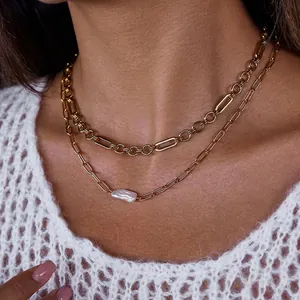 Luxe Roestvrij Stalen Paperclip Ketting Halsketting Met Natuurlijke Barokke Zoetwaterparel Hanger Voor Vrouwen Mode Goud Sieraden
