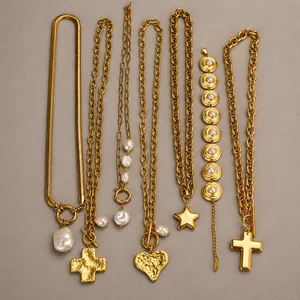 Collar de Perlas Artificiales de Acero Inoxidable para Mujer Chapado en Oro Plata Cruz Corazón Estrella Ángel Pájaro Rosa Colgante Joyería Impermeable Hipoalergénico