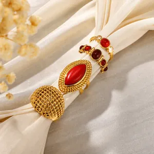 Stainless Steel Vintage Red Agate Ring For Women Gold Plated Geometric Oval Mesh Ball Design Niche Fashion Jewelry Finger Ring