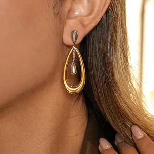 Minimalist Stainless Steel Teardrop Dangle Earrings Color Block Gold Silver Mixed Color Earrings Fashion Western Jewelry For Women Gift