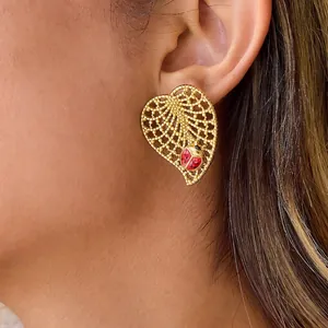 Vintage Stainless Steel Gold Plated Hollow Heart Leaf Ladybird Stud Earrings For Women Niche Design Fashion Jewelry Gift
