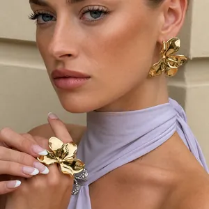 Fashion Gold Bougainvillea Flower Stainless Steel Jewelry Set For Women Oversized Floral Earrings Necklace Ring Bracelet