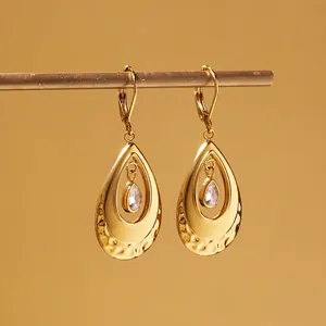 Stainless Steel Teardrop Earrings Women 18K Gold Plated Hammered Texture Zircon Dangle Earrings Elegant Leverback Jewelry
