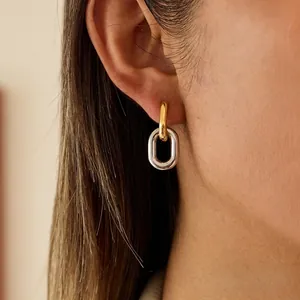 Luxury Stainless Steel Interlocked Hoop Earrings Gold Silver Two Tone Geometric Link Earrings For Women Fashion Jewelry