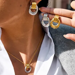 Stainless Steel Jewelry Set For Women Interlocking Geometric Circles Ribbed Texture Pendant Necklace Hoop Earrings Minimalist Two Tone Jewelry Gift