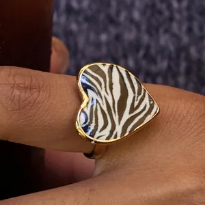 Fashion Stainless Steel Zebra Pattern Heart Open Ring Gold Plated Adjustable Fashion Jewelry Finger Ring For Women Daily Jewelry