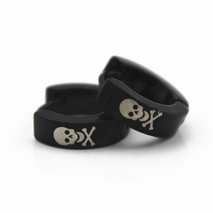 4mm black stainless steel hoop earrings with silver skull and crossbones punk design