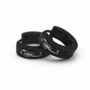 Cool black stainless steel hoop earrings with white scorpion pattern in punk style