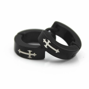 Black matte 4mm stainless steel hoop earrings featuring an embossed silver cross pattern