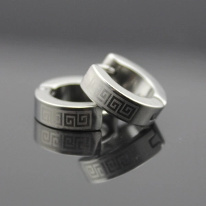 Silver stainless steel hoop earrings for men featuring a classic Greek Meander pattern