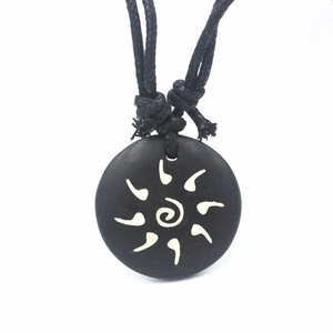 Ethnic Sun Pattern Ox Bone Pendant Necklace Black Braided Rope Adjustable Couple Jewelry For Men Women Daily Travel Accessory
