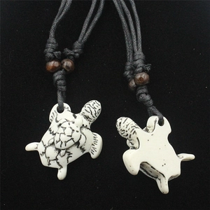 Resin turtle couple pendant necklace with wooden beads and adjustable black woven cord