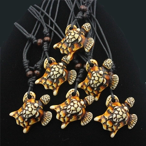 Set of resin sea turtle pendants with wooden beads on adjustable black cord necklaces