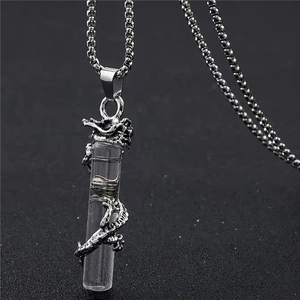 Collier avec pendentif dragon de style punk et cylindre en verre sur chaîne argentée