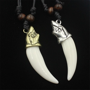 Vintage Alloy Shark Tooth Pendant Necklace Punk Tribal Style For Men Women Black Rope Chain Wood Beads Sweater Chain Jewelry