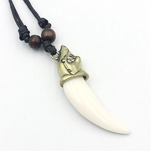 Vintage punk shark resin tooth pendant necklace with bronze alloy and wooden beads