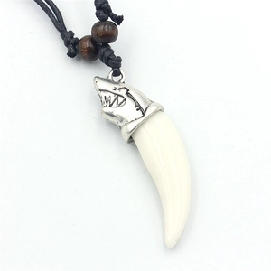 Shark tooth pendant necklace with silver alloy head, white resin, and wooden beads