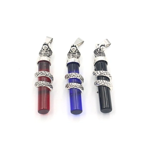 Detail of snake wrap pendant necklaces in red, blue, and black punk style alloy