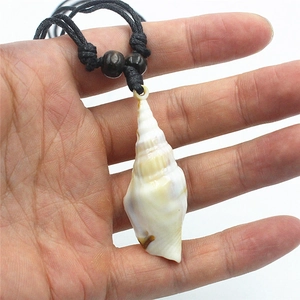 Handmade acrylic conch shell pendant necklace with black woven cord and wood beads