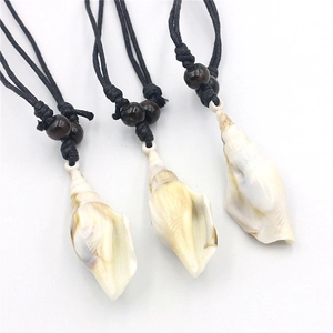 Set of three acrylic conch shell pendant necklaces with black woven cords and wooden beads
