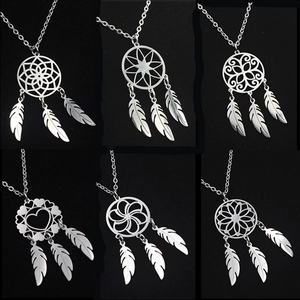 Bohemian Stainless Steel Dreamcatcher Pendant Necklace For Women Feather Charms Hollow Geometric Ethnic Jewelry Silver Necklace