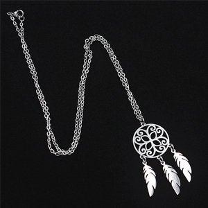 Polished stainless steel dreamcatcher necklace with delicate feather pendants and O-chain