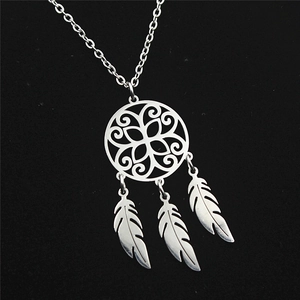 Detailed close-up of a silver dreamcatcher pendant with three delicate hanging feathers
