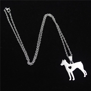Polished stainless steel Doberman dog silhouette pendant necklace with heart cutout