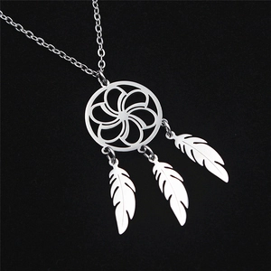 Detailed macro view of stainless steel dreamcatcher pendant necklace with three feathers