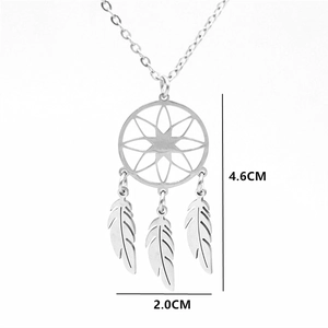 Silver dreamcatcher feather pendant necklace in stainless steel, 4.6cm height size view