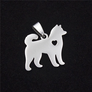 Polished stainless steel Shiba Inu dog pendant with heart cutout on black background