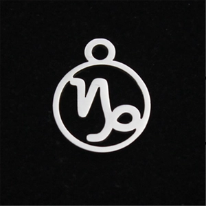 Macro shot of silver stainless steel Capricorn zodiac pendant with hollowed engraving
