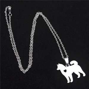 Minimalist stainless steel Shiba Inu dog tag pendant necklace with heart cutout detail