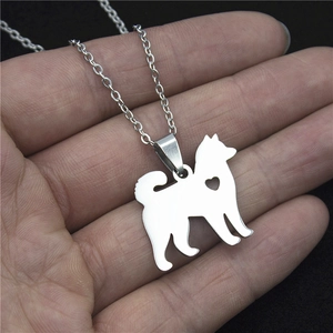 Polished stainless steel Shiba Inu silhouette necklace with a hollow heart pendant for women