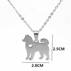 Polished stainless steel Shiba Inu dog tag pendant necklace with heart cutout, 2.8cm wide