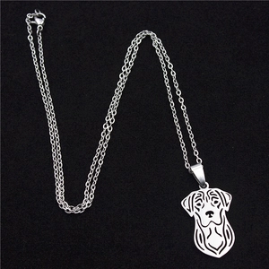 Macro shot of silver hollow dog head pendant on a thin link chain for pet lovers