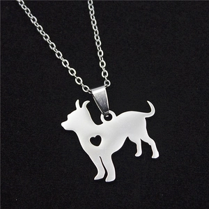 Detailed view of silver chihuahua dog pendant with heart cutout on stainless steel O-chain