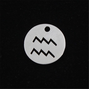 Detailed close-up of hollowed-out stainless steel Aquarius zodiac sign pendant