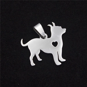 Polished stainless steel Chihuahua dog pendant necklace with hollow heart cutout charm
