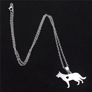 Silver stainless steel German Shepherd silhouette pendant necklace with hollow heart detail