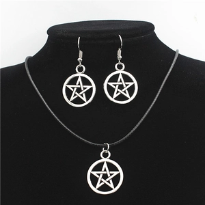 Vintage Legering Pentagram Ster Halsketting En Oorbellen Sieradenset Gotische Punk Holle Cirkel Hanger Accessoire Voor Dames Heren