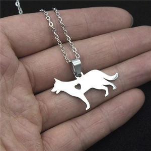 Polished stainless steel German Shepherd silhouette necklace with heart cutout detail